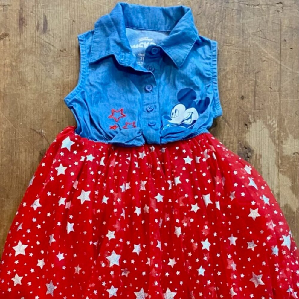 Disney Mickey Mouse Denim Tulle Dress Sz 2T - Embroidered Stars and Silver Stars